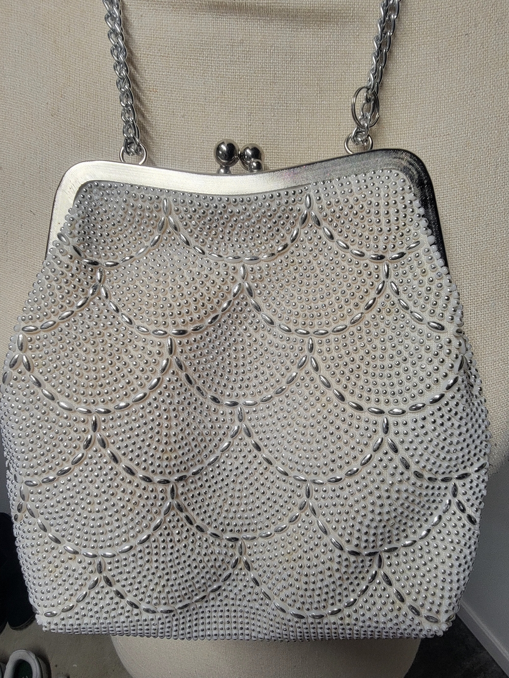 Silver Beaded Evening Bag with Chain Strap